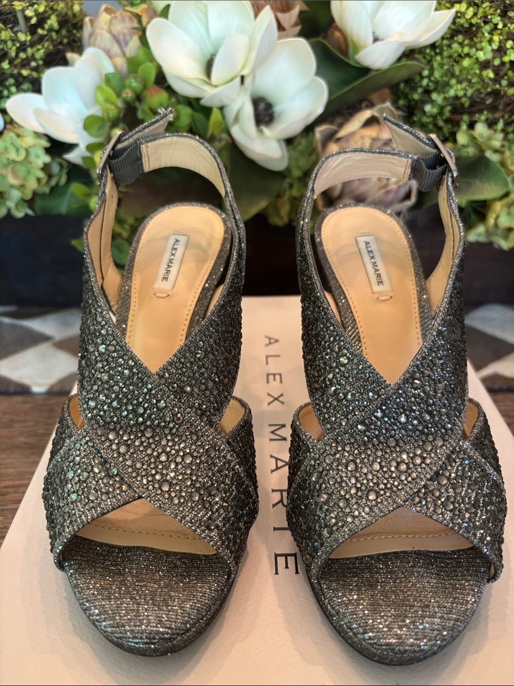 Alex Marie “Lavonne” Gunmetal Crystal Heeled Sandals
